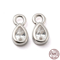 Teardrop Real Platinum Plated Rhodium Plated 925 Sterling Silver Charms, with Clear Cubic Zirconia, with S925 Stamp, Teardrop, 6.3x3x2mm, Hole: 1.2mm