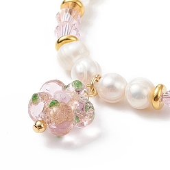 Violet Lampwork Flower Charm Bracelet, Natural Pearl & Glass Beaded Dainty Bracelet for Women, Violet, 7-1/2 inch(19cm)