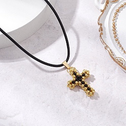 Золотистый Ожерелья с подвесками из стеклянных бусин, ожерелья из черного вощеного хлопкового шнура, золотые, золотые, 17.68 дюйм (44.9 см), corss: 26.5x20.5 мм