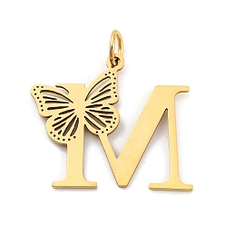 Letter M Ионное покрытие (ip) 201 подвески из нержавеющей стали, письмо с подвесками-бабочками, золотые, Буква М, 27x31x1.5 мм, Кольцо: 7x1 mm, отверстие : 5 мм