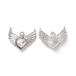 Clear Rack Plating Alloy Glass Pendants, Cadmium Free & Lead Free & Nickle Free, Platinum, Faceted Heart Charm with Wing, Clear, 20x22x4mm, Hole: 1.8mm