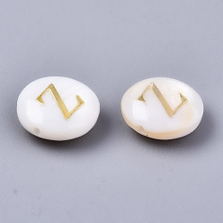 Letter Z Natural Freshwater Shell Beads, with Golden Plated Brass Etched Metal Embellishments, Flat Round, Seashell Color, Letter.Z, 8x3~5mm, Hole: 0.5~07mm
