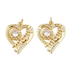 Настоящее золото 18K Подвески из латуни с микропаве ко Дню матери и кубическим цирконием, с целью перехода в кольце, сердце со словами мама прелести, без свинца и без кадмия, долговечный, стойки покрытие, реальный 18 k позолоченный, 23x19.5x4 мм, отверстие : 3.2 мм