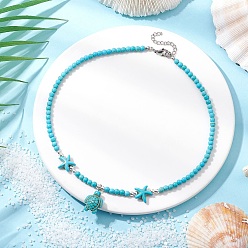 Бирюза Ожерелья из бисера с подвеской в виде морской черепахи и морской звезды из синтетической бирюзы, с 304 концевой цепью из нержавеющей стали, цвет нержавеющей стали, бирюзовые, 14.76 дюйм (37.5 см)