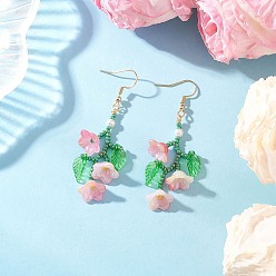 Pink 304 из нержавеющей стали болтаться серьги, со стеклянными семенами и акрилом, цветок, золотые, розовые, 49~51 мм