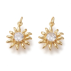 Golden Brass Micro Pave Cubic Zirconia Pendants, with Jump Rings, Long-lasting Plated, Flower, Clear, Golden, 19x15.5x3.5mm, Jump Rings: 5x0.7mm, Inner Diameter: 3.5mm