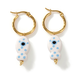 Blanco 304 pendientes de aro de acero inoxidable para mujer, pescado, pendientes colgantes de porcelana hechos a mano, dorado, blanco, 19x11 mm