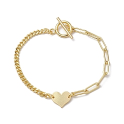 Golden Brass Heart Link Bracelets, Curb Chains & Paperclip Chains Bracelets for Women, Golden, 7-5/8 inch(19.5cm)