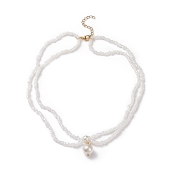 White Round Shell Pearl Pendant Double Layer Necklace with Glass Seed for Women, White, 14.76 inch(37.5cm)