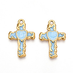 Светло-Голубой 304 подвески из нержавеющей стали, с эмалью, крестик с сердечками, ионное покрытие (ip), реальный 18 k позолоченный, Небесно-голубой, 30x20x3 мм, отверстие : 2 мм