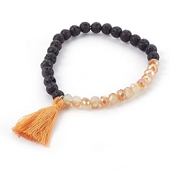 Sandy Brown Cotton Thread Tassels Charm Bracelets, with Electroplate Glass & Natural Lava Rock, Sandy Brown, 2 inch(5.1cm)
