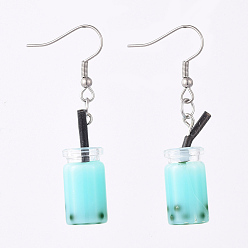 Бледно-бирюзовый Стеклянная имитация пузыря чайная бутылка болтаться серьги, с 304 нержавеющей стали серьги крючки, бледные бирюзовая, 47.5 мм, штифты : 0.7 мм