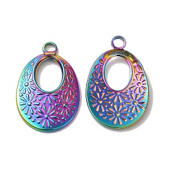 Rainbow Color Ion Plating(IP) 304 Stainless Steel Pendant, Oval with Flower Charm, Rainbow Color, 26x17x2.5mm, Hole: 3mm