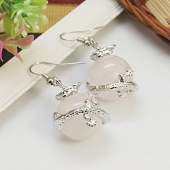 Rose Quartz Fashion Gemstone Earrings, Rose Quartz with Brass Earring Hooks, Pink, 42x20mm, Pin: 0.7mm
