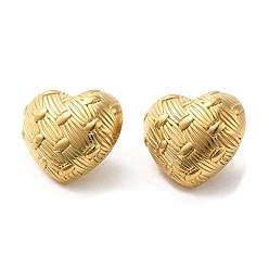Real 18K Gold Plated 304 Stainless Steel Stud Earrings, Grooved Heart, Real 18K Gold Plated, 26x30.5mm
