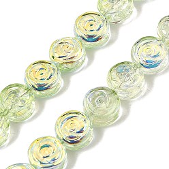 Verde Claro Pintura de horneado galvanizada cuentas de vidrio transparentes hebras, plano y redondo con flor rosa, color de ab chapado, verde claro, 10x5.3 mm, agujero: 1 mm, sobre 65 unidades / cadena, 25.20'' (64 cm)