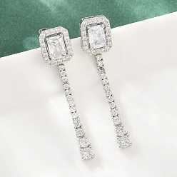 Platinum Brass Micro Pave Cubic Zirconia Stud Earrings, Rectangle, Lead Free & Cadmium Free, Rack Plating, Long-Lasting Plated, Platinum, 44x10mm