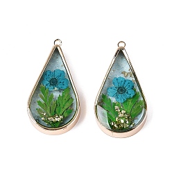 Dark Turquoise Epoxy Resin Pendants, Teardrop & Dried Flower Charms, with Sequins & Glitter Powder & Light Gold Plated Brass Edge and Loop, Dark Turquoise, 30.5x16x5~6mm, Hole: 1.6mm