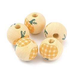 Vara de Oro Cuentas de madera natural con tema de otoño, cuentas a cuadros, redondo con estampado de calabaza, diseño de tartán, vara de oro, 16x15 mm, agujero: 4 mm