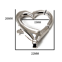 Platinum Alloy Lobster Claw Clasps, Heart, Platinum, 26x22x3.30mm,Hole:15mm