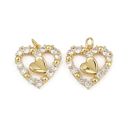 Настоящее золото 16K Латунные микропаве прозрачные подвески с фианитом, сердце, с целью перехода в кольце, реальный 16 k позолоченный, 19x19x4 мм, отверстие : 3.4 мм