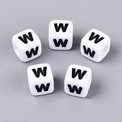 Letter W Opaque Acrylic Beads, Cube with Number, with Enamel, Black, Letter W, 7.5~8x7.5~8x8~8.5mm, Hole: 3.6~4mm, about 1200pcs/500g