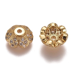Golden Multi-Petal Brass Micro Pave Clear Cubic Zirconia Bead Caps, Flower, Golden, 8x3.5mm, Hole: 1.2mm