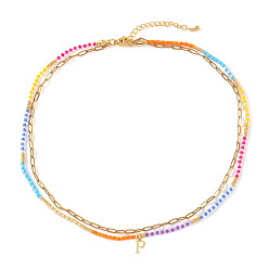 Letter P Красочные подвески с инициалами из бисера, двухслойные ожерелья, 304 ювелирные изделия из нержавеющей стали, золотые, Письмо P, 16.54 дюйм (42 см)