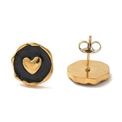 Настоящее золото 18K Ионное покрытие (ip) 304 плоские круглые серьги-гвоздики из нержавеющей стали в форме сердца, с эмалью, реальный 18 k позолоченный, 13x12.5 мм