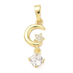 Настоящее золото 18K Латунные микро проложить кубического циркония подвески, без кадмия и без свинца, луна со звездными чарами, реальный 18 k позолоченный, 27.5x11x4.5 мм, отверстие : 8x5 мм