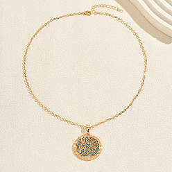 Turquoise Alloy Islamic Arabic Calligraphy Flat Round Enamel Pendant Necklaces, Real 18K Gold Plated, Turquoise, 18.31 inch(46.5cm)