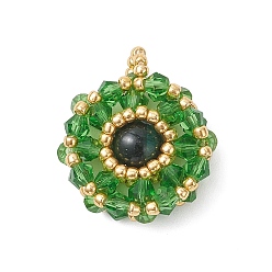 Тигровый глаз Плоские круглые подвески из натурального окрашенного зеленого тигрового глаза и стеклянных бусин, 25.5x20.5x8.5 мм, отверстие : 2 мм