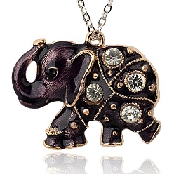 Indigo Alloy Enamel Animal Pendants, with Crystal Rhinestone, Elephant, Golden Metal Color, Indigo, 48x38x7mm, Hole: 3mm