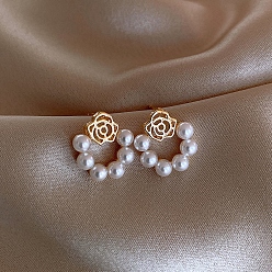 Flower Alloy Imitation Pearl Stud Earrings for Women, with 925 Sterling Silver Pin, Flower, 18x12mm