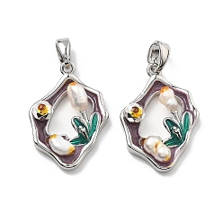 Платина Латунь эмаль подвески, с натуральным пресноводным жемчугом и акрилом, нерегулярные с цветочными подвесками, без кадмия, без никеля и без свинца, платина, 21x15x4.5 мм, отверстие : 4x3 мм