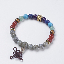 Labradorit Chakra-Schmuck, natürliche Stretch-Armbänder aus Labradorit und Mischstein-Buddha, mit Messing-Zubehör, Würfel mit Om-Symbol, 2-1/4 Zoll (58 mm), Anhänger: 40x10 mm