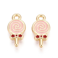 Pink Подвески из эмалевого сплава легкого золота, леденец очарование, без свинца, без никеля и без кадмия, стойки покрытие, розовые, 16x8x2.5 мм, отверстие : 1.6 мм
