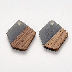 Gray Transparent Resin & Walnut Wood Pendants, Waxed, Polygon, Gray, 20.5x18.5x3~4mm, Hole: 2mm
