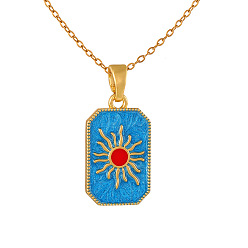 Deep Sky Blue 304 Stainless Steel Enamel Sun Dog Tag Pendant Necklaces, Golden, Deep Sky Blue, 15.75 inch(40cm)