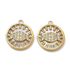 Настоящее золото 18K Вакуумное покрытие pvd 304 подвески из нержавеющей стали, со стразами, плоский круглый с шармом в виде глаз, реальный 18 k позолоченный, 20.5x17.5x2.5 мм, отверстие : 1.8 мм