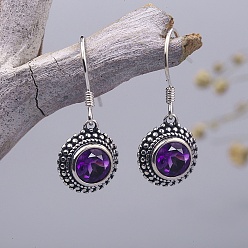 Античное Серебро Плоские круглые серьги-подвески с натуральным аметистом, с застежкой из стерлингового серебра, античное серебро, 27x11 мм