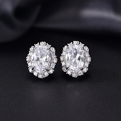 Claro Pendientes ovalados de latón con micro circonitas cúbicas para mujer., Platino, Claro, 20x16 mm