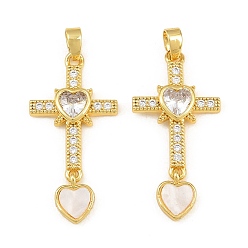 Real 18K Gold Plated Brass Micro Pave Clear Cubic Zirconia Pendants, with Acrylic, Cross with Heart Charms, Real 18K Gold Plated, 31x15x3mm, Hole: 5x3mm