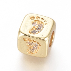 Golden Brass Beads, with Micro Pave Cubic Zirconia, Cube with Baby Footprint, Clear, Golden, 6x6x6mm, Hole: 3mm