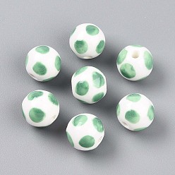Средний Морско-зеленый Фарфоровые бусины ручной работы, пастельный фарфор, круглый и в горошек, средний морской зеленый, 12~12.5 мм, отверстие : 2.5 мм