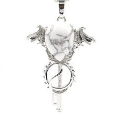 Howlite Natural Howlite Pendants, with Platinum Plated Brass Findings, Wing with Key Charms, 47x32x11mm