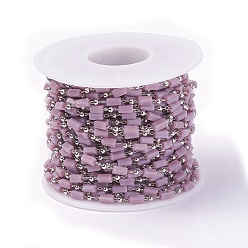 Розово-Коричневый Ручной цепи стекло бисером, пайки, с латунной фурнитурой , с катушкой, долговечный, Реальная платина, кубоид, розово-коричневый, 4.5x2.5~3x2.5~3 мм, 2 мм, около 32.8 футов (10 м) / рулон