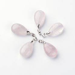 Розовый Кварц Природного розового кварца подвески, с латунной фурнитурой , слеза, 24~25x15~16x8~10 мм, отверстие : 5x4 мм