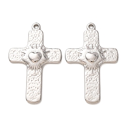 Stainless Steel Color 304 Stainless Steel Pendants, Hammered Cross with Heart Charms, Stainless Steel Color, 44x37.5x3.5mm, Hole: 2mm