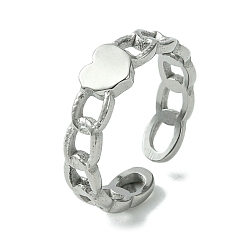 Stainless Steel Color Non-Tarnish 304 Stainless Steel Open Cuff Ring, Heart, Stainless Steel Color, US Size 6 3/4(17.1mm)
